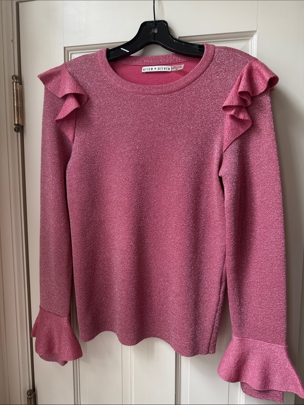Alice + Olivia Glitter Pink Ruffle-Trim Sweater